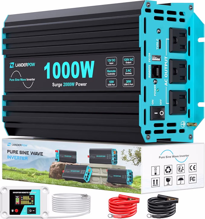1000 Watt Car Power Inverter, Pure Sine Wave, 12V DC to 120V AC